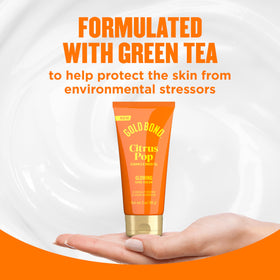 Gold Bond close-up of label and citrus extracts highlighting vitamin C and green tea benefit