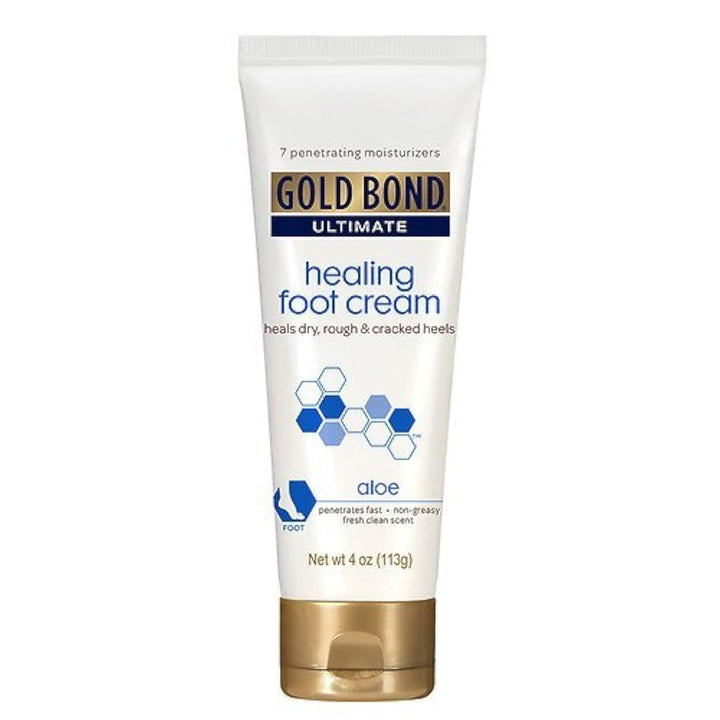 Gold Bond front packaging showing 4 oz tube, moisturizes and softens feet