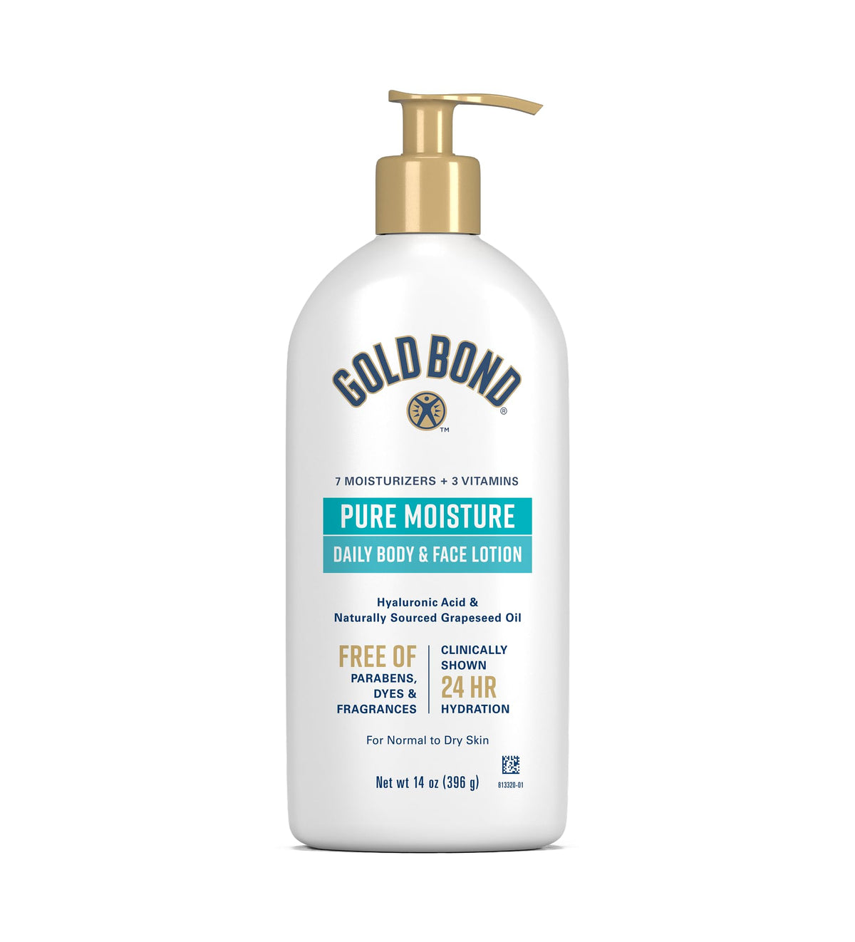 Gold Bond front packaging showing 14 oz pump and key benefits for daily hydration