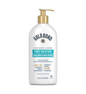 Gold Bond front packaging showing 14 oz pump and key benefits for daily hydration