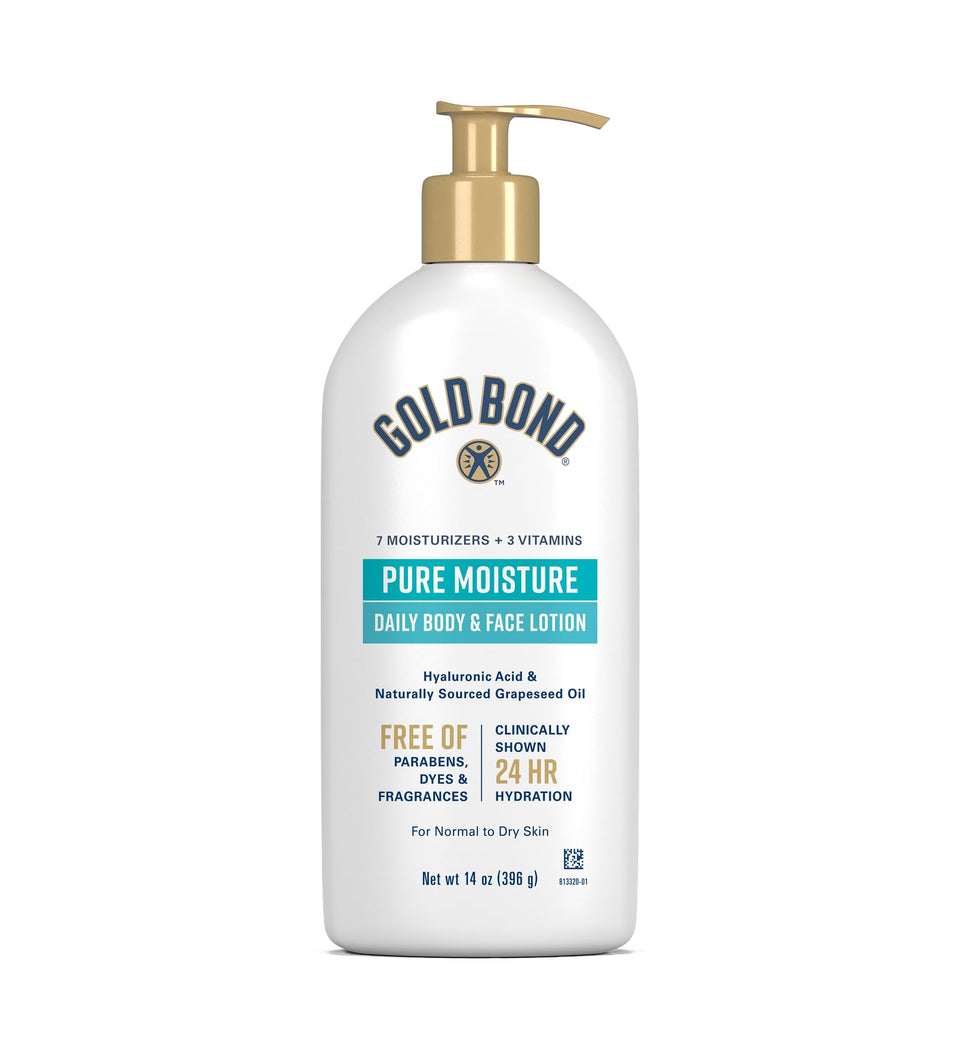 Gold Bond front packaging showing 14 oz pump and key benefits for daily hydration