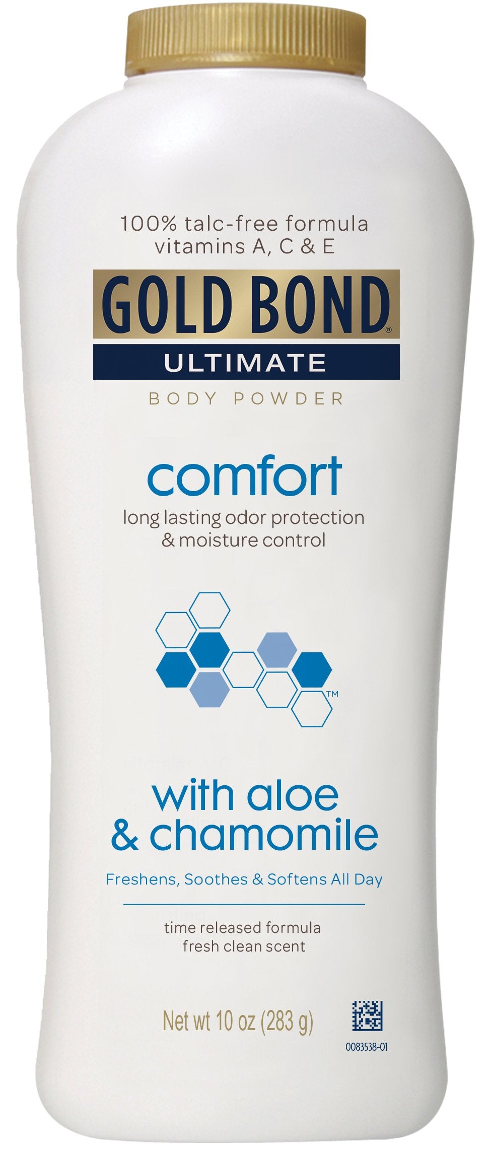 Gold Bond front bottle view showing label and aloe chamomile scent for long-lasting comfort