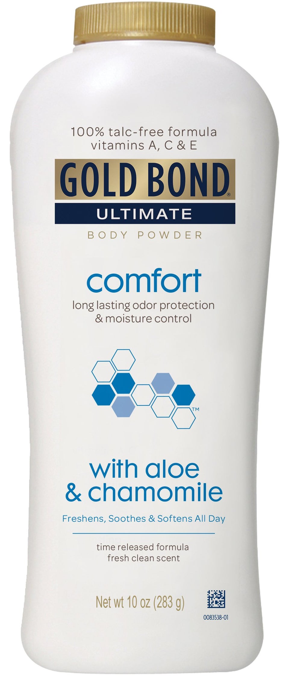 Gold Bond front bottle view showing label and aloe chamomile scent for long-lasting comfort