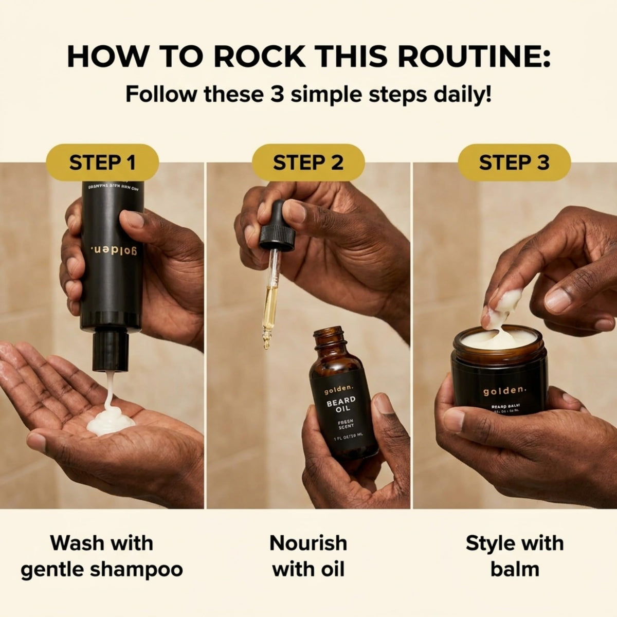 Golden Grooming Company products in hand to show compact travel size