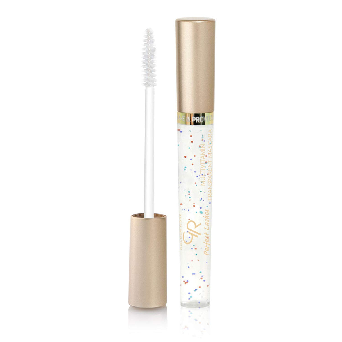 Golden Rose clear mascara tube front view showing compact packaging and benefit of nourishing shine