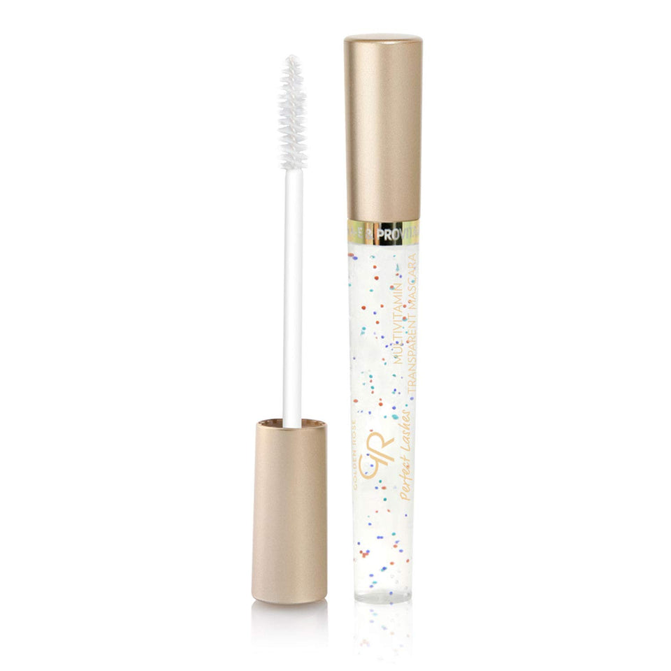 Golden Rose clear mascara tube front view showing compact packaging and benefit of nourishing shine