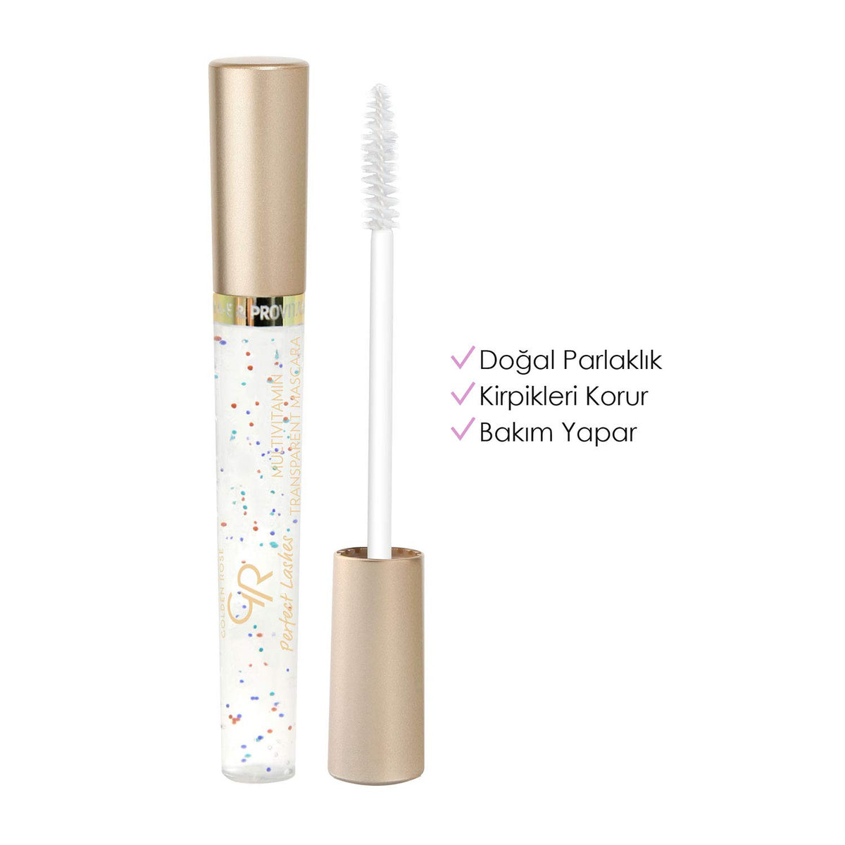 Golden Rose mascara wand close-up showing bristles that separate lashes for defined grooming