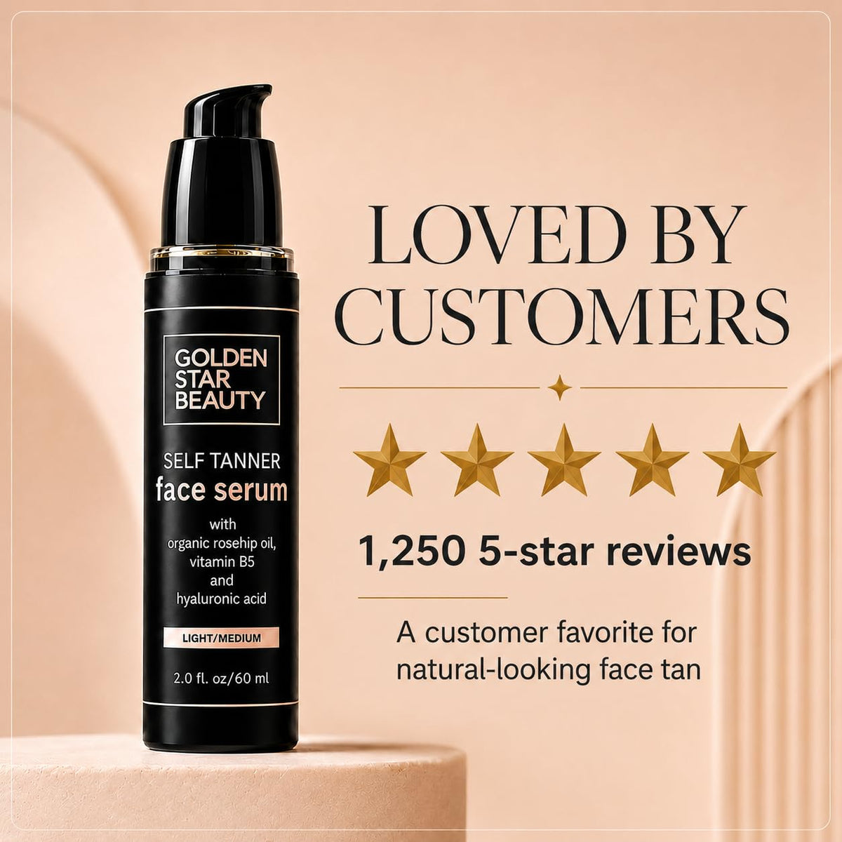 GOLDEN STAR BEAUTY size comparison in hand indicating 2 fl oz scale