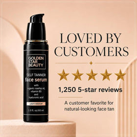 GOLDEN STAR BEAUTY size comparison in hand indicating 2 fl oz scale