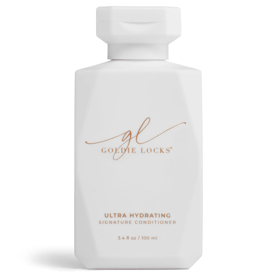 Goldie Locks front packaging travel conditioner showing compact bottle and branding benefits