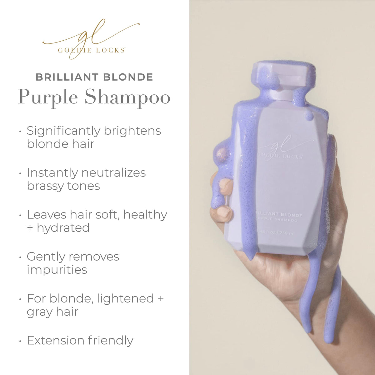 goldie locks purple shampoo lather demonstrating toning pigment