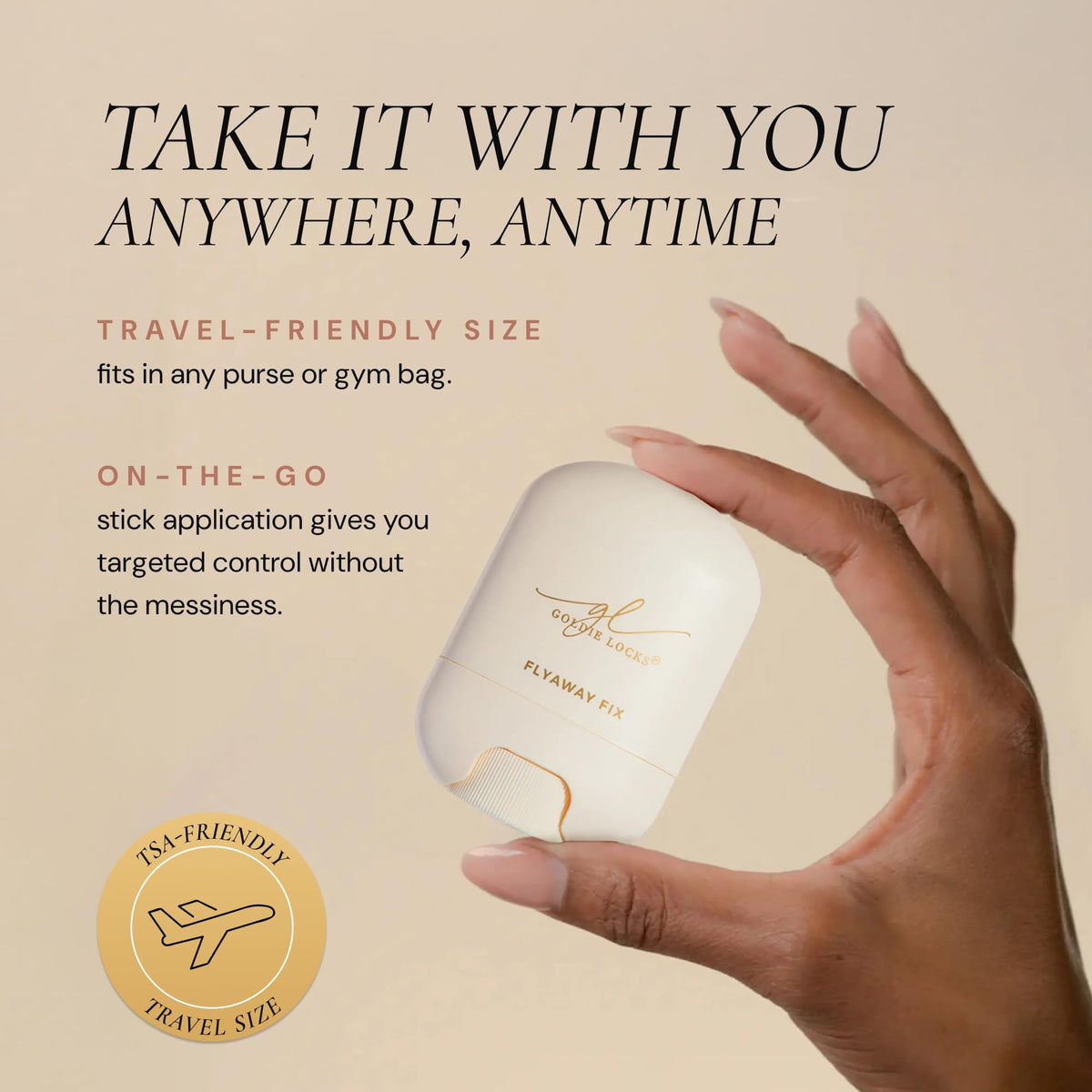 Goldie Locks pomade stick inside a purse and gym bag demonstrating on-the-go touch-up use