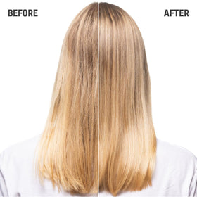 Goldwell Dualsenses before and after images showing reduced yellow tones on blonde hair