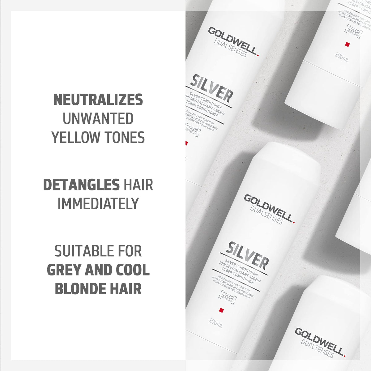 Goldwell Dualsenses Silver Conditioner applied to cool blonde hair for neutralizing brass
