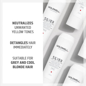 Goldwell Dualsenses Silver Conditioner applied to cool blonde hair for neutralizing brass