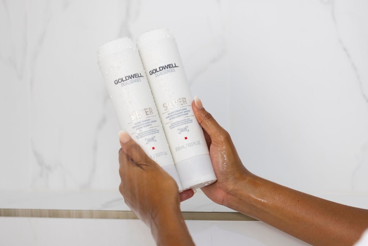 Goldwell after-use cool-toned hair showing reduced yellow tones benefit