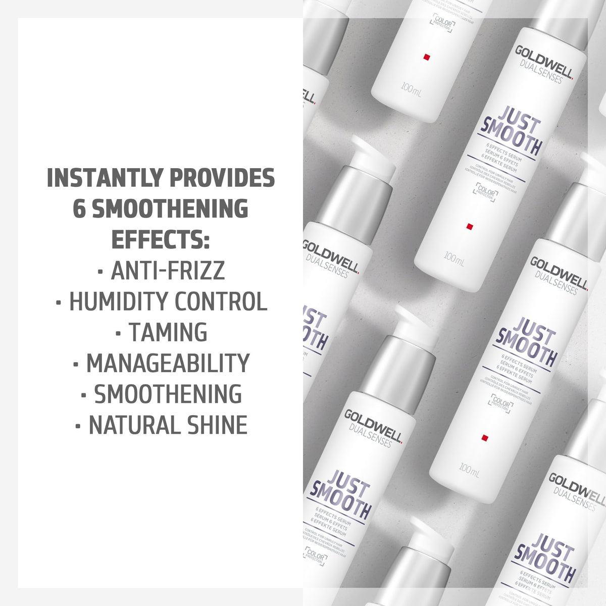 Goldwell Just Smooth bottle placed on bathroom shelf for daily use