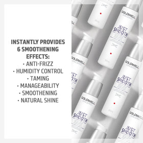 Goldwell Just Smooth bottle placed on bathroom shelf for daily use