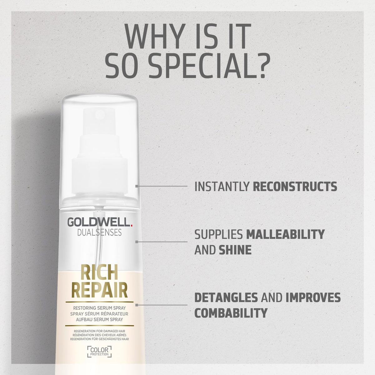 Applying Goldwell spray to midlengths and ends for targeted repair and smoother combing