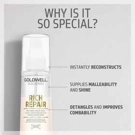 Applying Goldwell spray to midlengths and ends for targeted repair and smoother combing