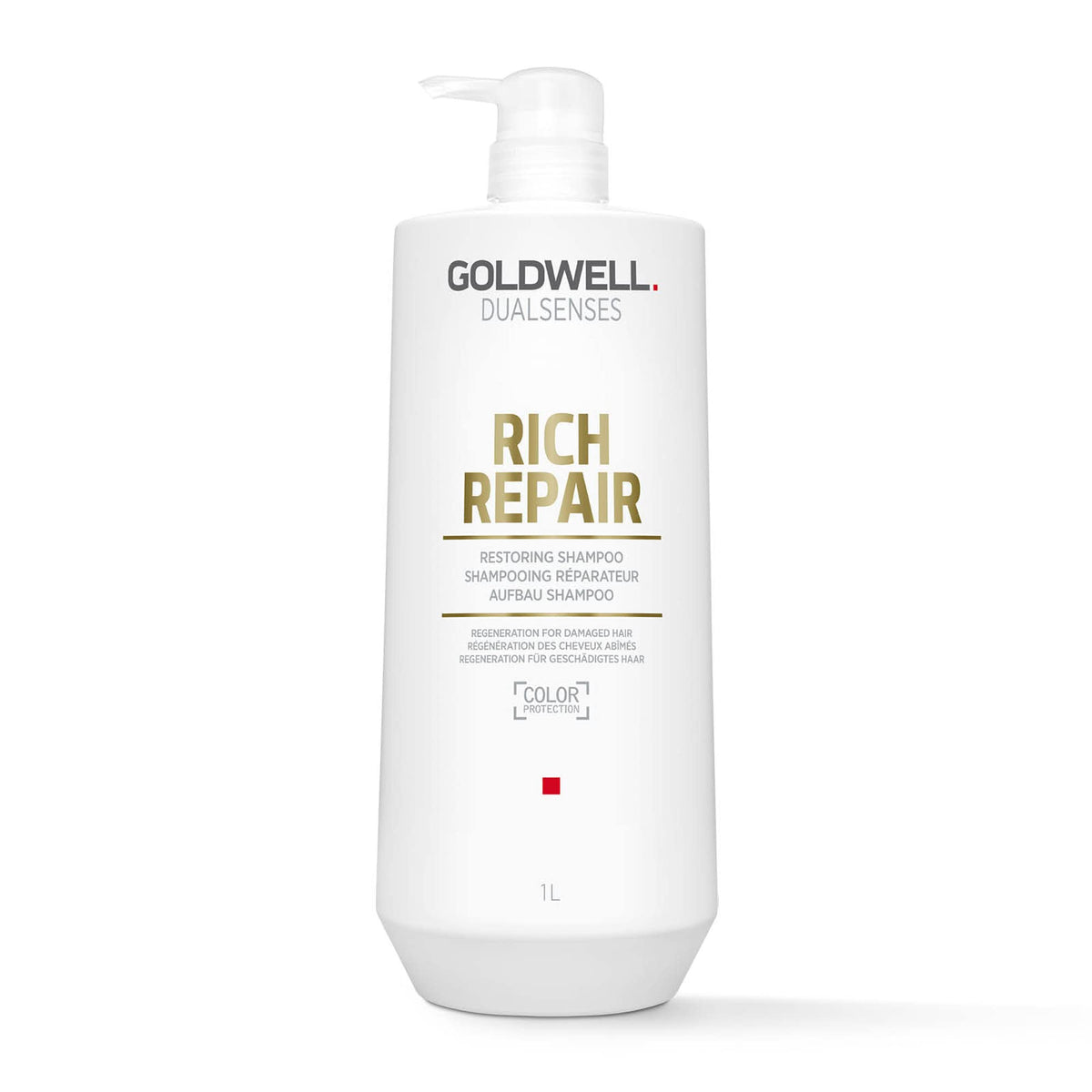 Goldwell bottle front view showing label and 1L size for professional refill benefit