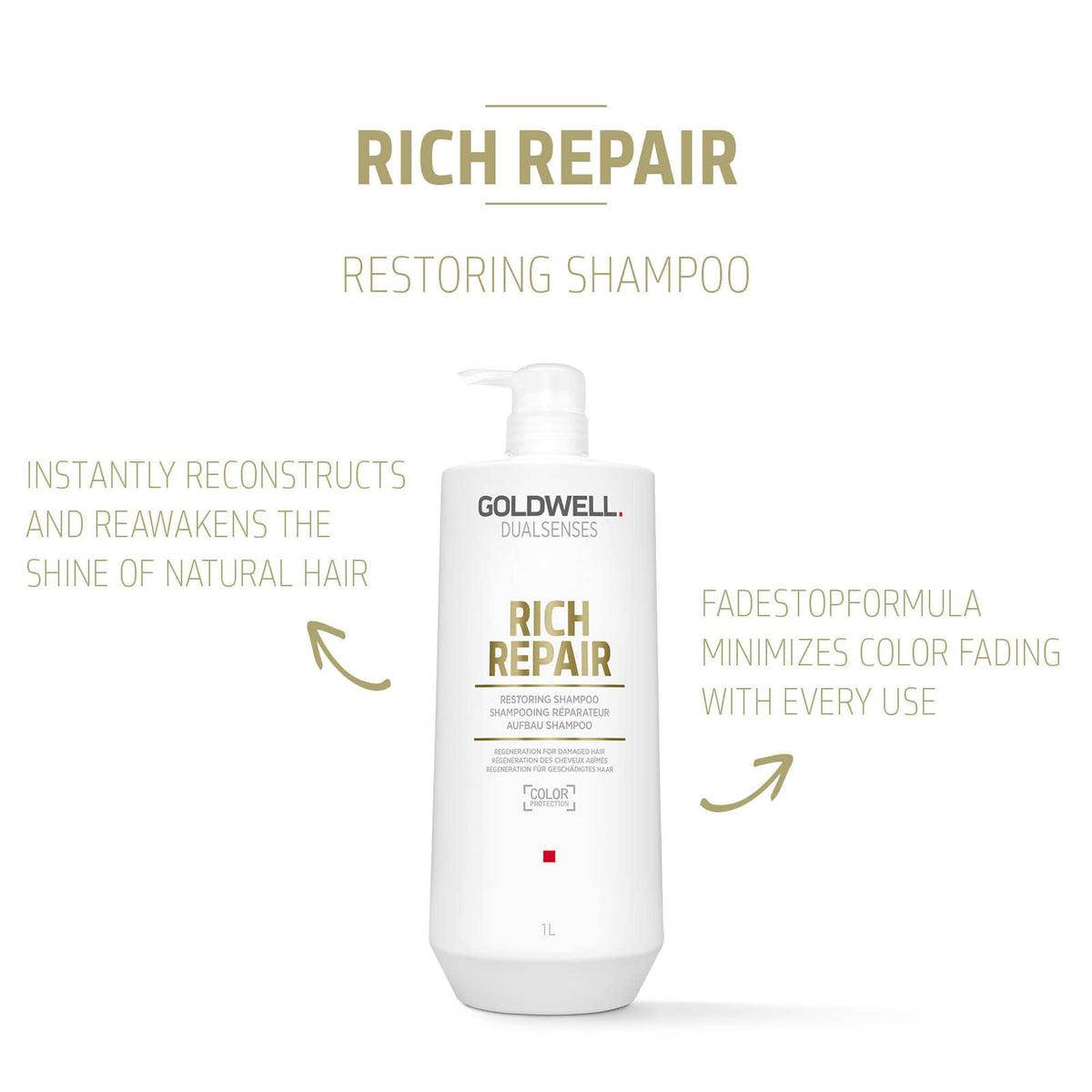 Goldwell pump dispensing shampoo highlighting easy controlled dispense and convenience