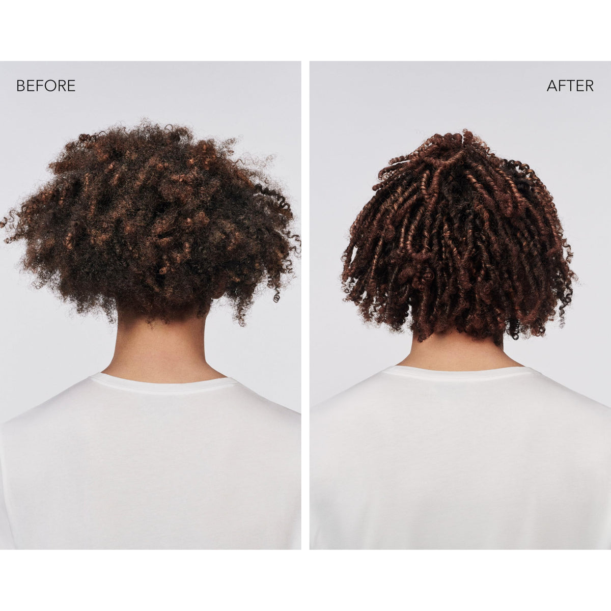 Side-by-side before and after using Goldwell oil showing enhanced gloss
