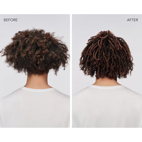 Side-by-side before and after using Goldwell oil showing enhanced gloss