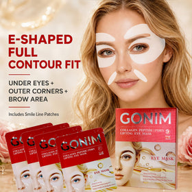 GONIM E-shaped hydrogel patches close-up showing full-contour fit benefit