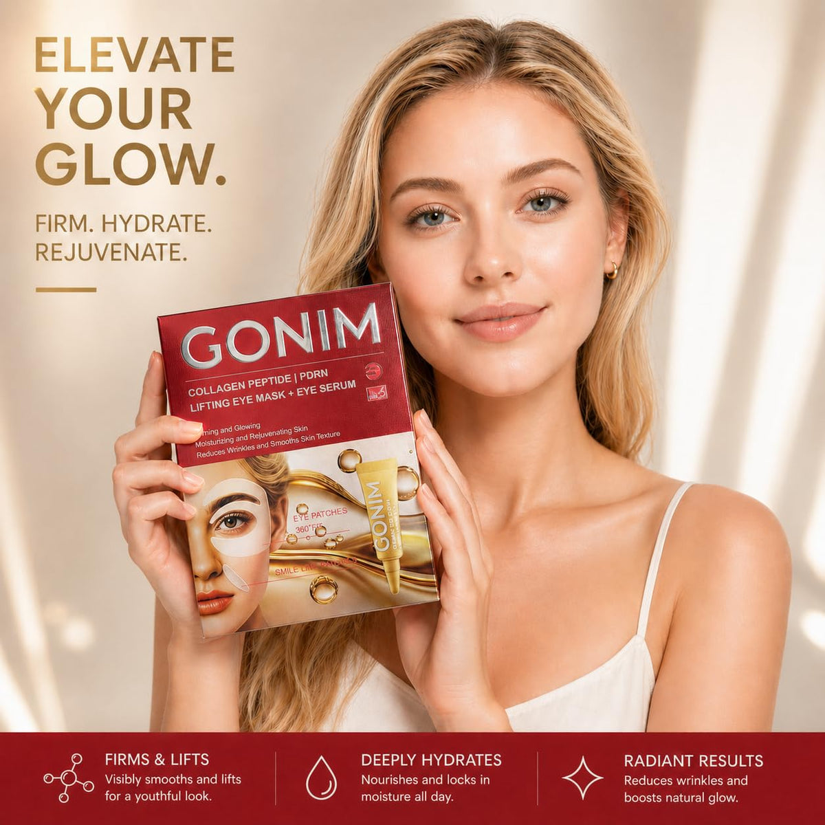 GONIM eye-care set staged in a nighttime self-care setting for pampering routine benefit