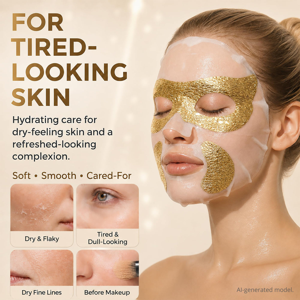 GONIM gold overlay close-up showing precise fit for eyes and smile lines