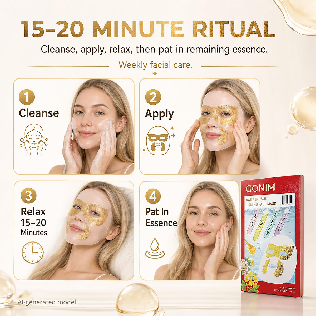 GONIM ingredient display featuring collagen and retinol to support firm-looking skin