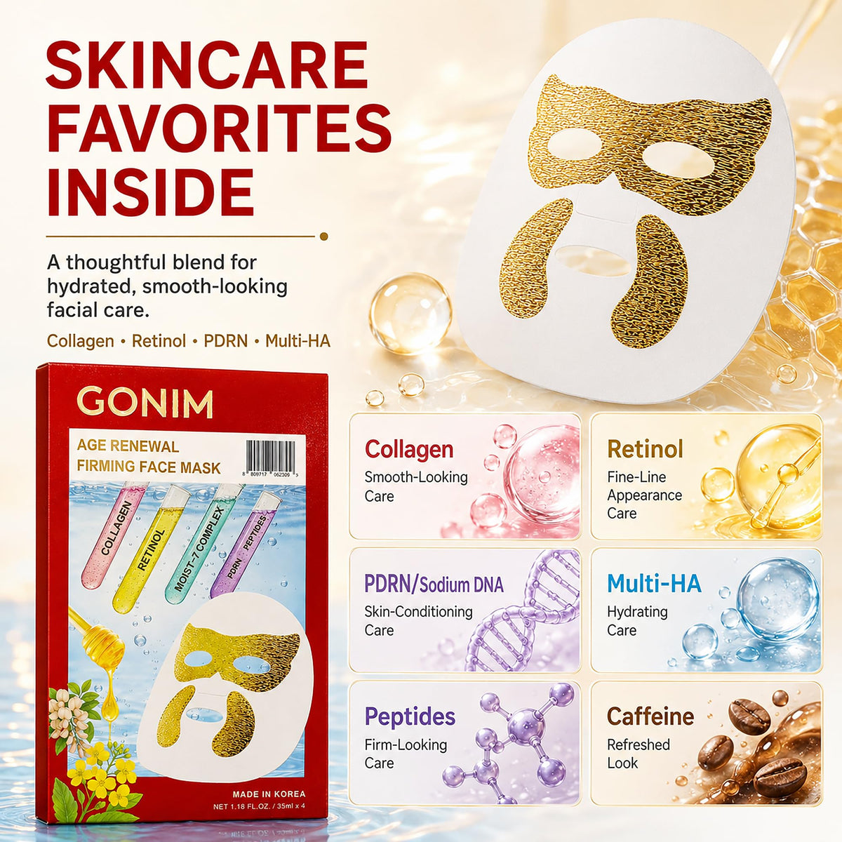 GONIM mask on model demonstrating application and instant calming benefit