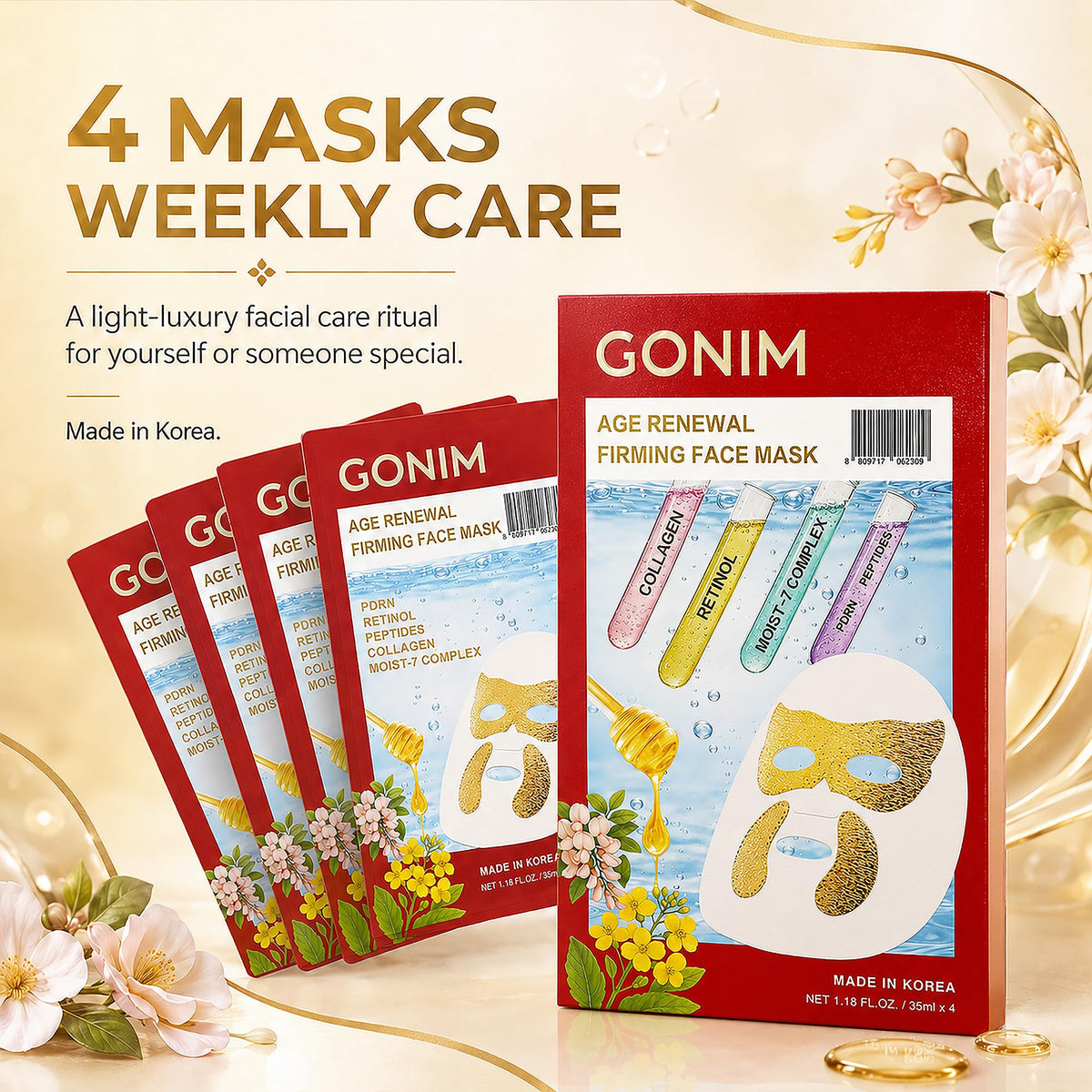 GONIM mask in nighttime skincare setting conveying relaxing self-care ritual