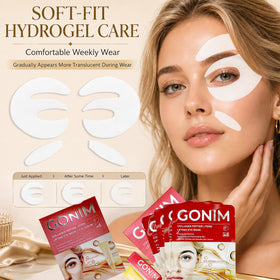 GONIM patches applied under model eyes illustrating immediate refreshed appearance benefit