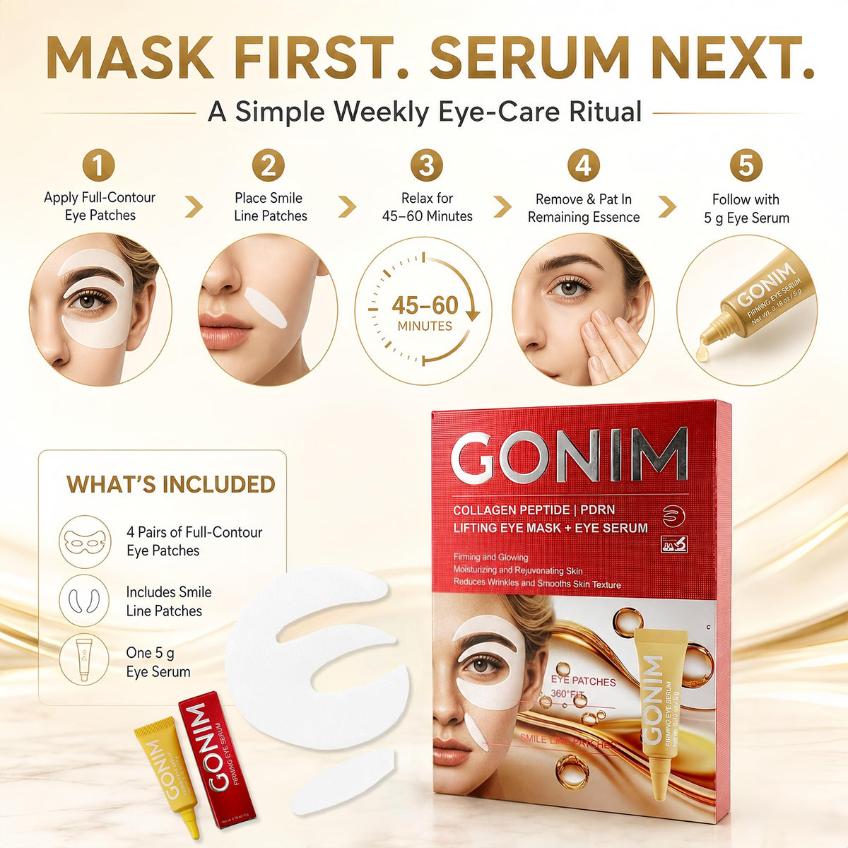 GONIM patch and serum next to coin to show actual size and travel-friendly benefit