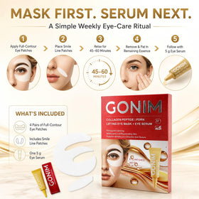 GONIM patch and serum next to coin to show actual size and travel-friendly benefit