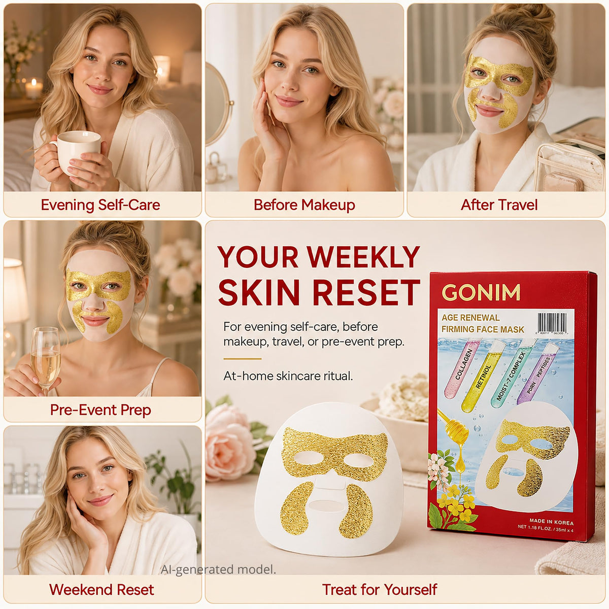 GONIM mask next to hand to show 35 mL size and easy weekly use