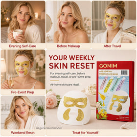 GONIM mask next to hand to show 35 mL size and easy weekly use