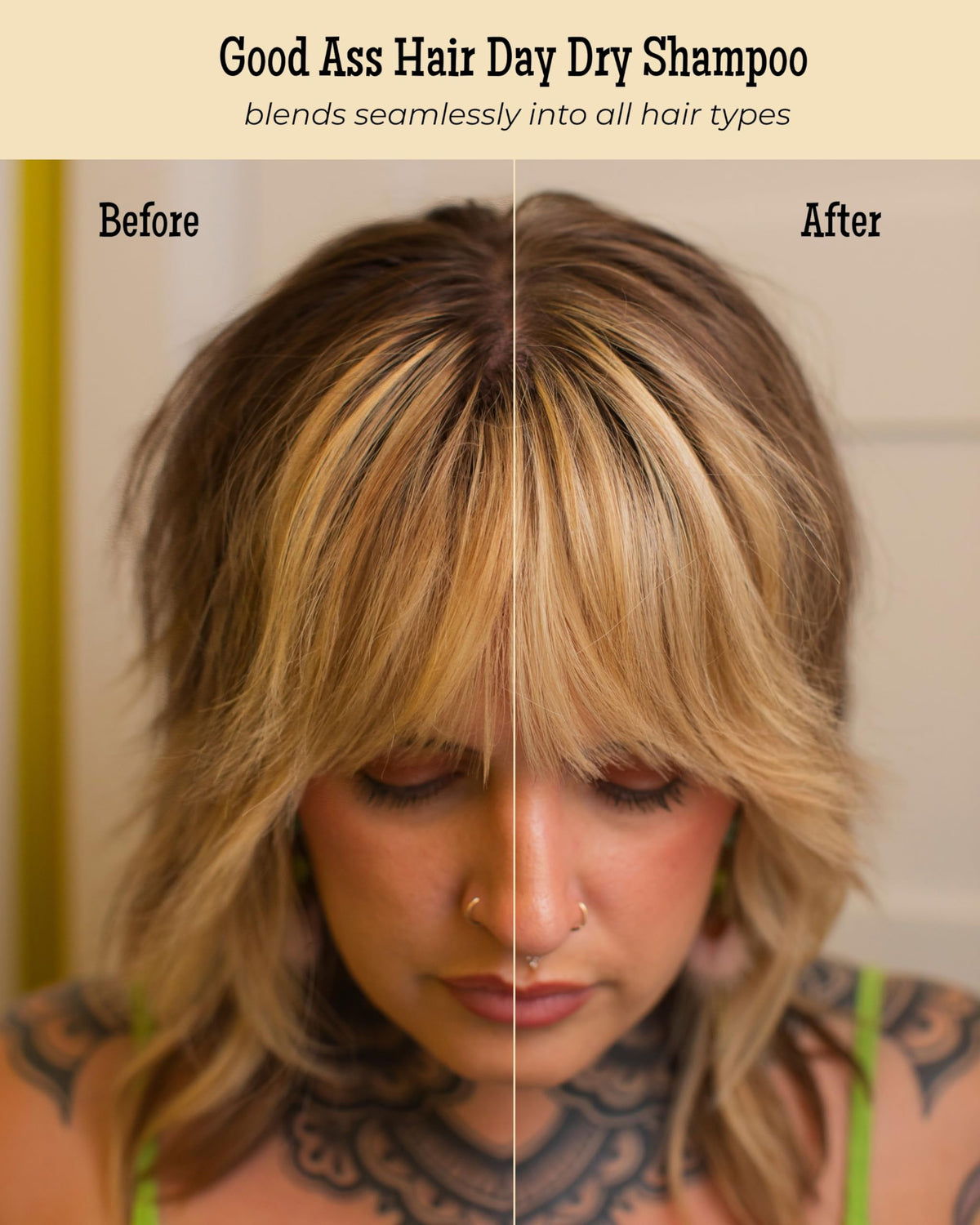 Good Ass Hair Day applying powder to roots to absorb oil and add volume