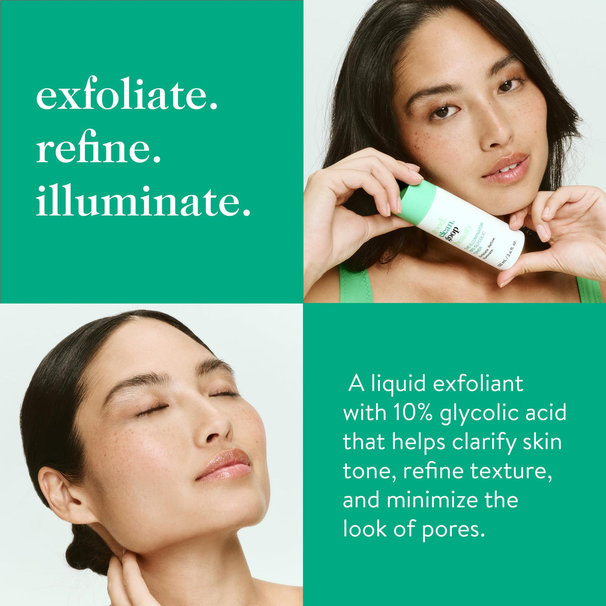 good.clean.goop label close-up highlighting glycolic acid and benefits