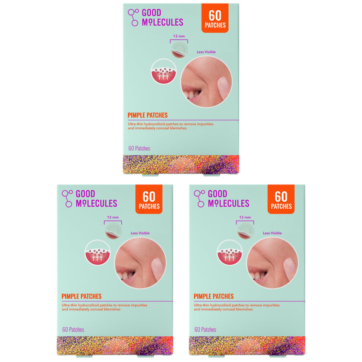 Good Molecules front packaging showing three 60-count patch packs and benefits