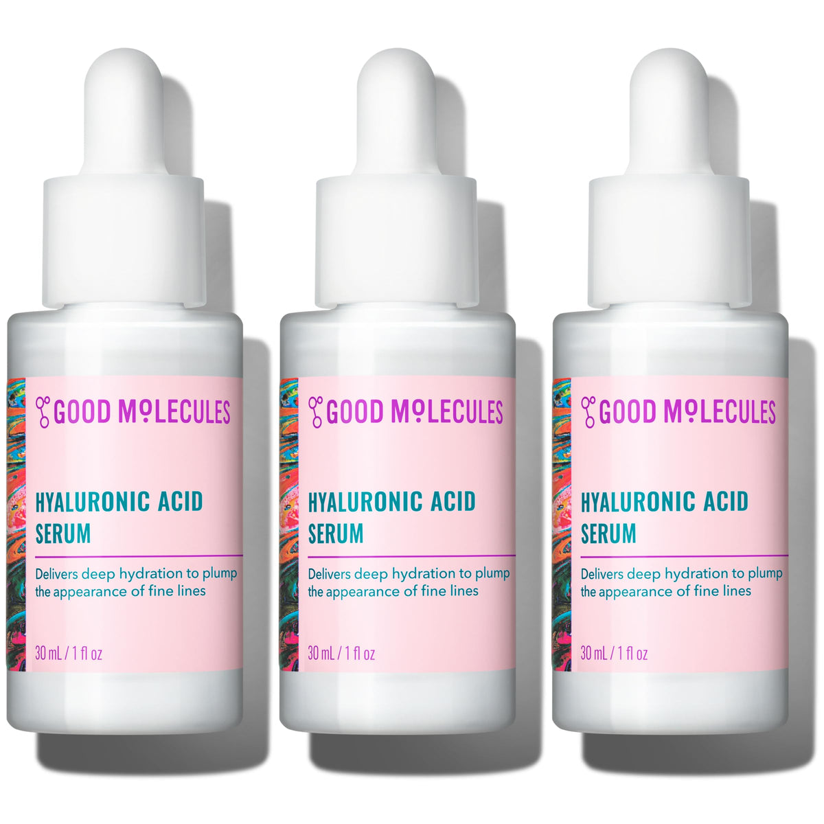 Good Molecules front packaging showing three bottles and clear hydration benefit