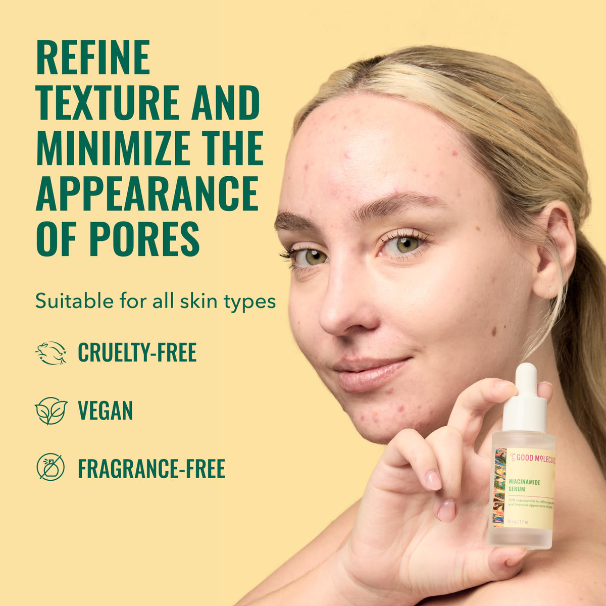 Good Molecules dropper with serum texture highlighting fast absorption
