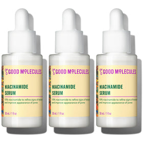 Good Molecules front packaging showing three 30ml bottles and clear benefits