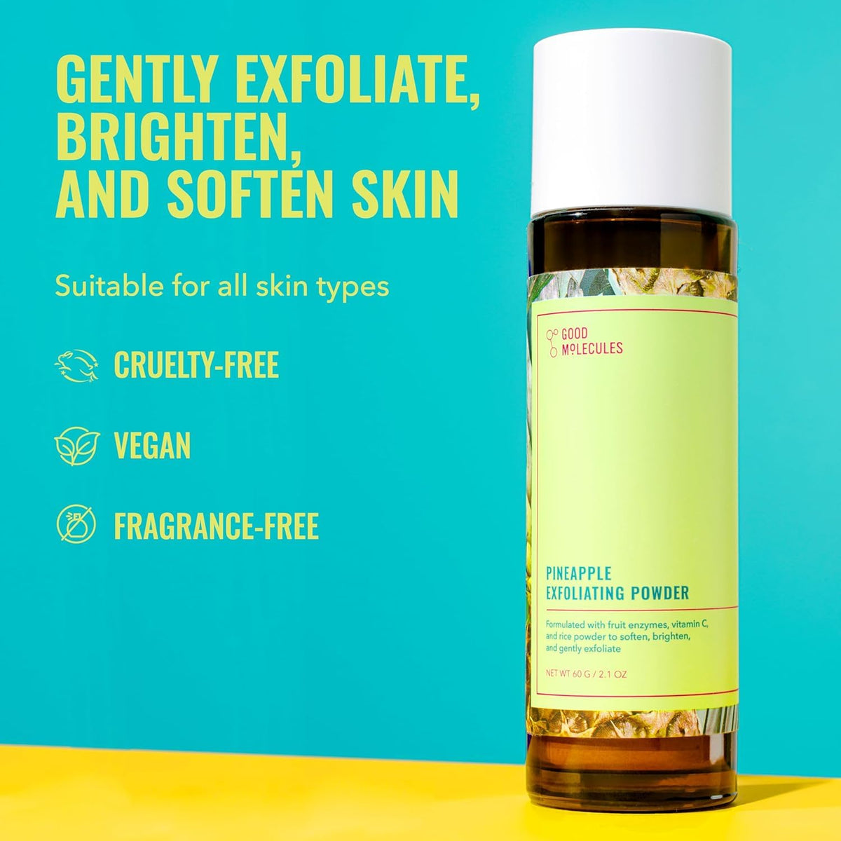 Good Molecules close-up of fine pineapple exfoliating powder texture offering gentle buffing