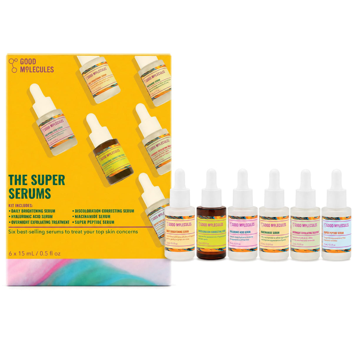 Good Molecules boxed discovery set front view showing six mini serums for gifting