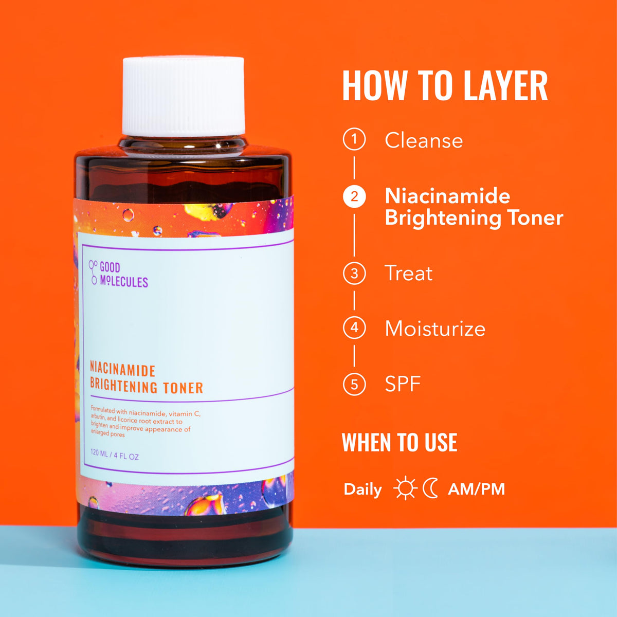 Good Molecules bottle next to a ruler indicating 120 ml size and travel-friendly benefit