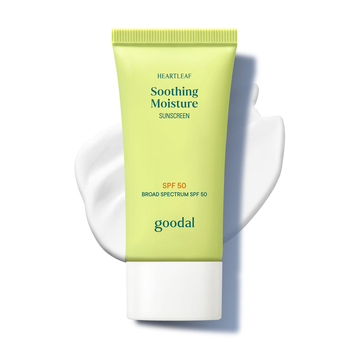GOODAL front packaging of Heartleaf sunscreen showing SPF 50 protection and dewy finish