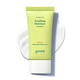 GOODAL front packaging of Heartleaf sunscreen showing SPF 50 protection and dewy finish